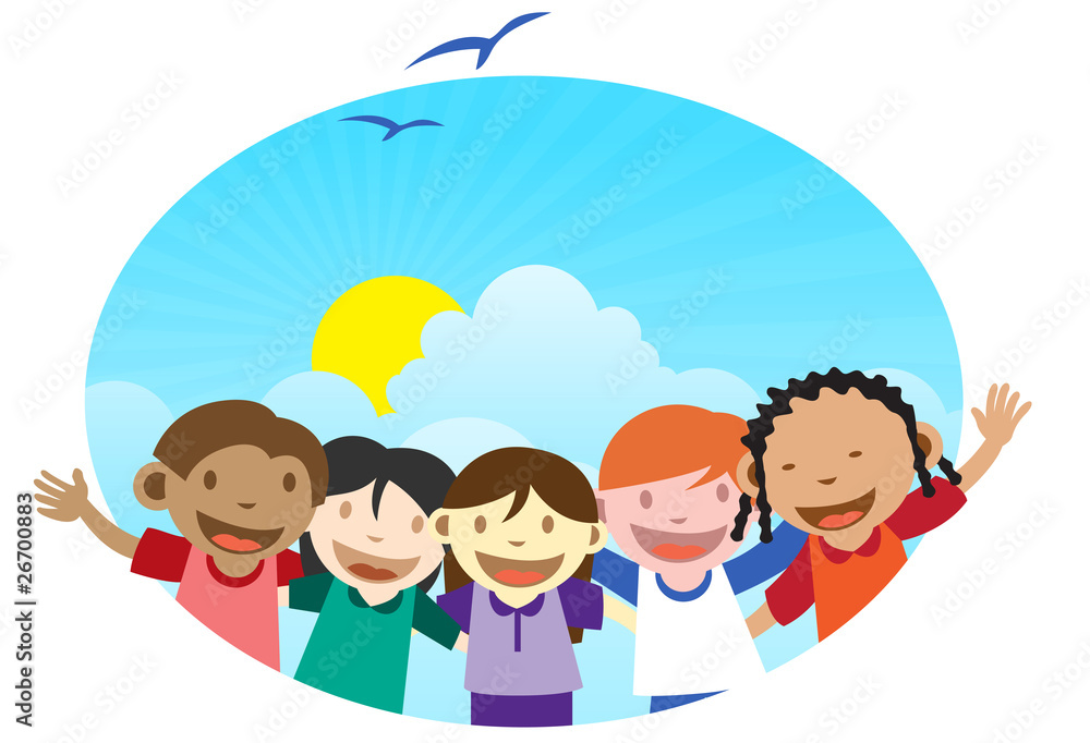 Multicultural kids embracing each other waving Multicultural kids embracing each other waving