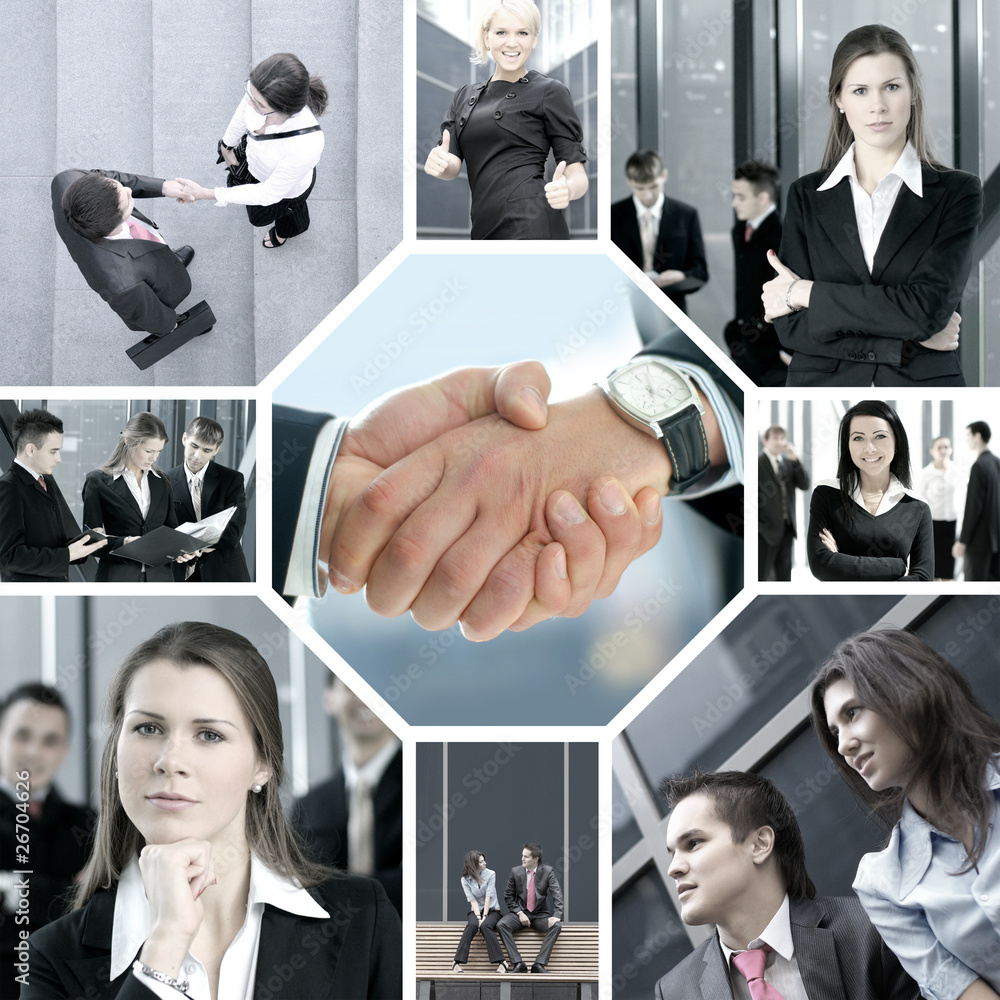 A collage of business images with young people in offices - obrazy, fototapety, plakaty 