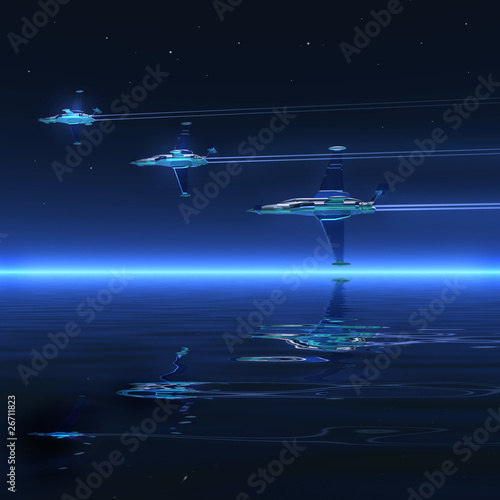 Night 3d graphics landscape - ocean and battle-planes