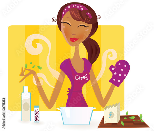 Woman  is cooking meal in the kitchen. Vector Illustration