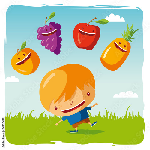 boy with funny fruits
