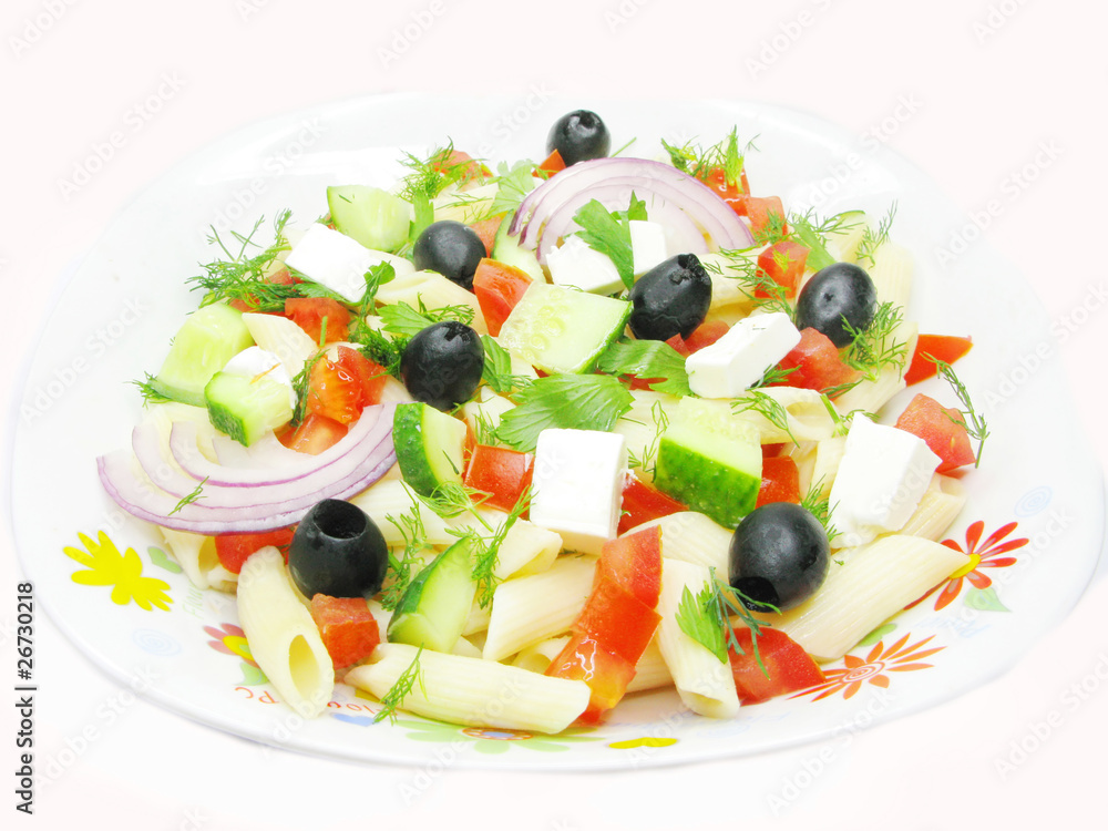 greek salad with vegetables and pasta