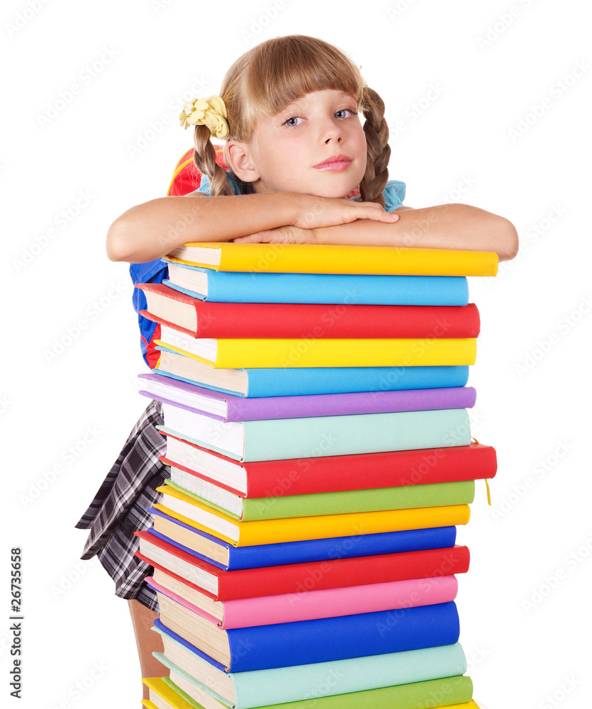 Schoolgirl with backpack holding pile of books. Schoolgirl with backpack holding pile of books.