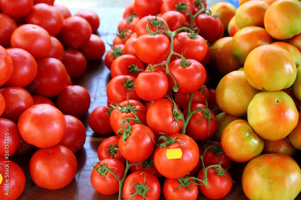Tomatoes stacked in market different species Tomatoes stacked in market different species