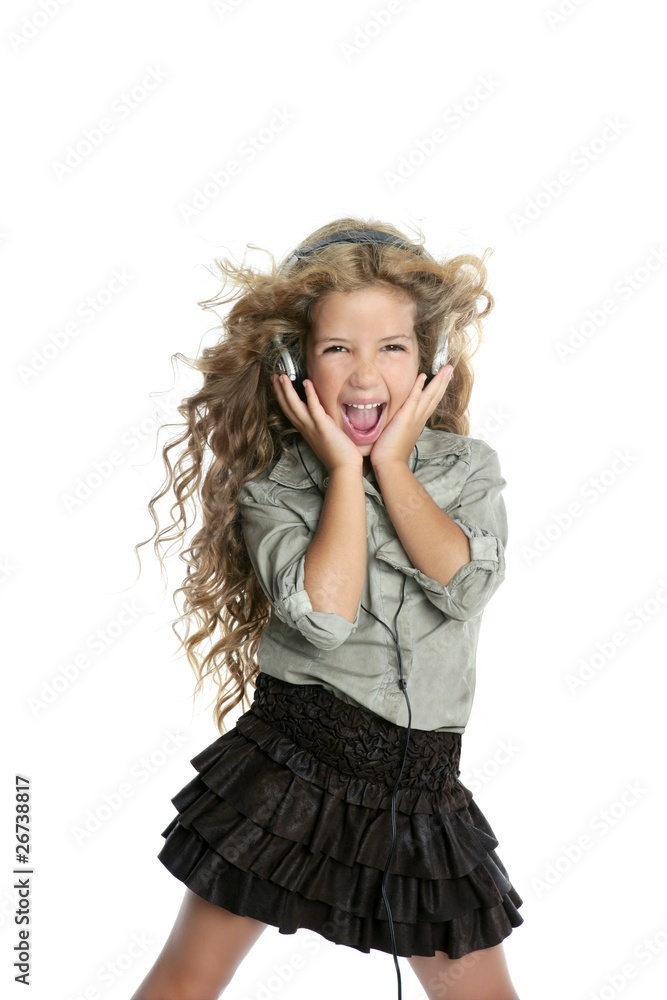 dancing little blond girl headphones music singing