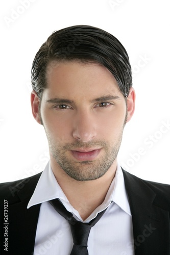 Closeup young man portrait black suit and necklace