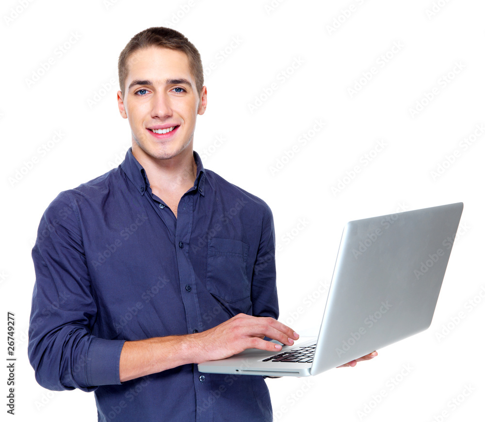 Handsome man with laptop isolated on white Handsome man with laptop isolated on white