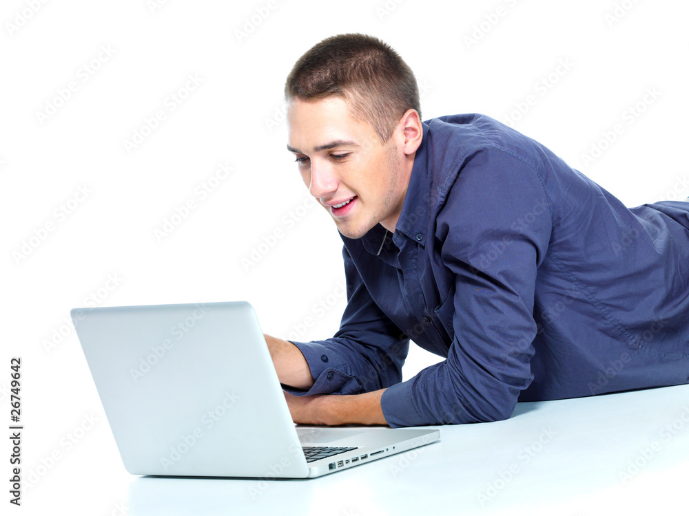 man typing on laptop - isolated white man typing on laptop - isolated white