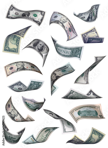 Different dollar bills falling