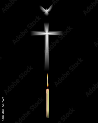 White pigeon and cross with burning candle