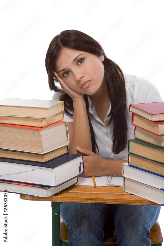 Hispanic college student woman with stack of books Hispanic college student woman with stack of books