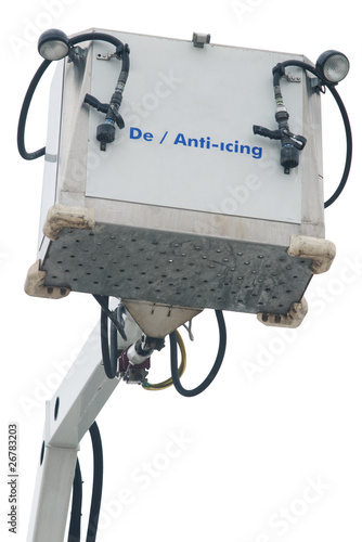 Hydraulic platform for anti icing with hoses on white photo