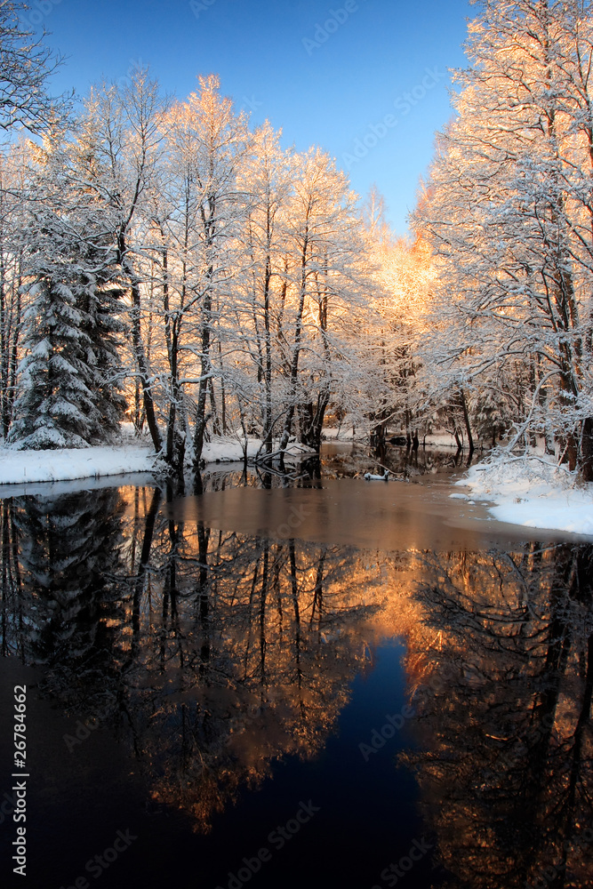 Winter river golden sunset