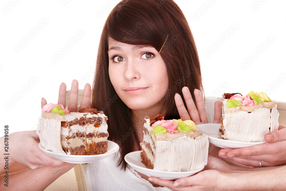 Girl refuse to eat pie. Isolated. Girl refuse to eat pie. Isolated.