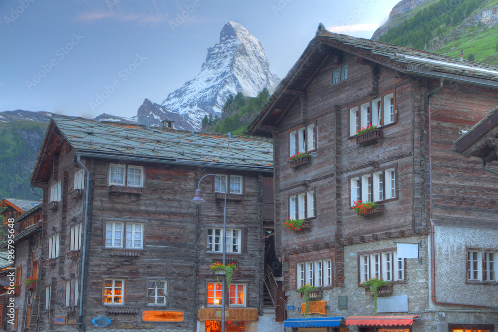 houses in Zermatt in front of mountain Matterhorn Switzerland