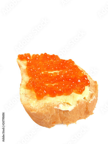 Sandwich with red caviar isolated on white