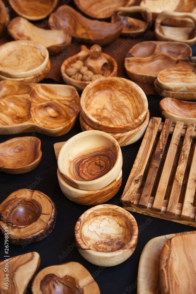 Household utensils wooden handmade, in a traditional market
