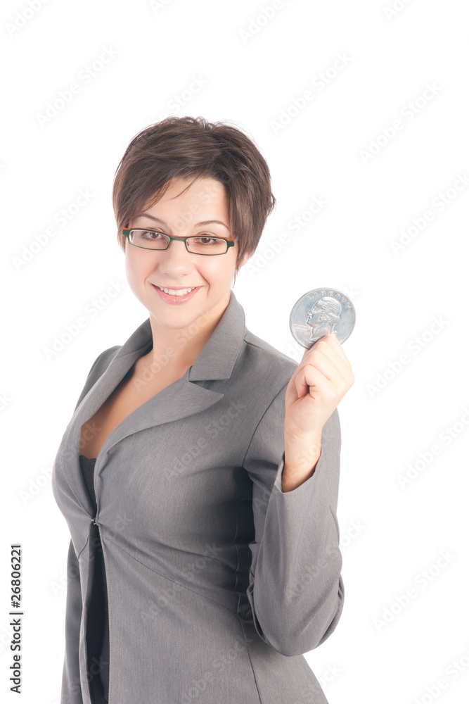 Young business woman holding quarter dollar Young business woman holding quarter dollar