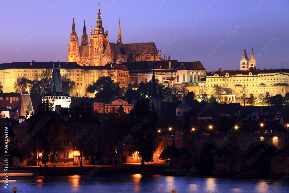 Colorful Prague gothic Castle with Charles Bridge in the Night