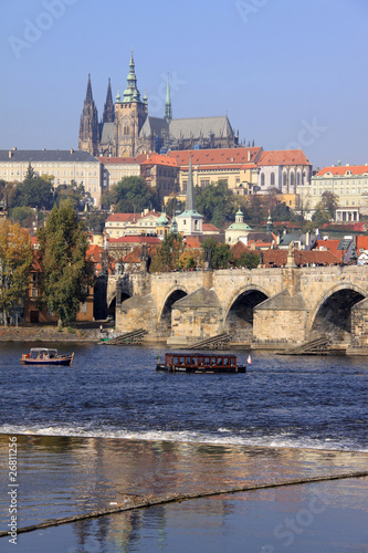 View on the autumn Prague gothic Castle with the Charles Bridge