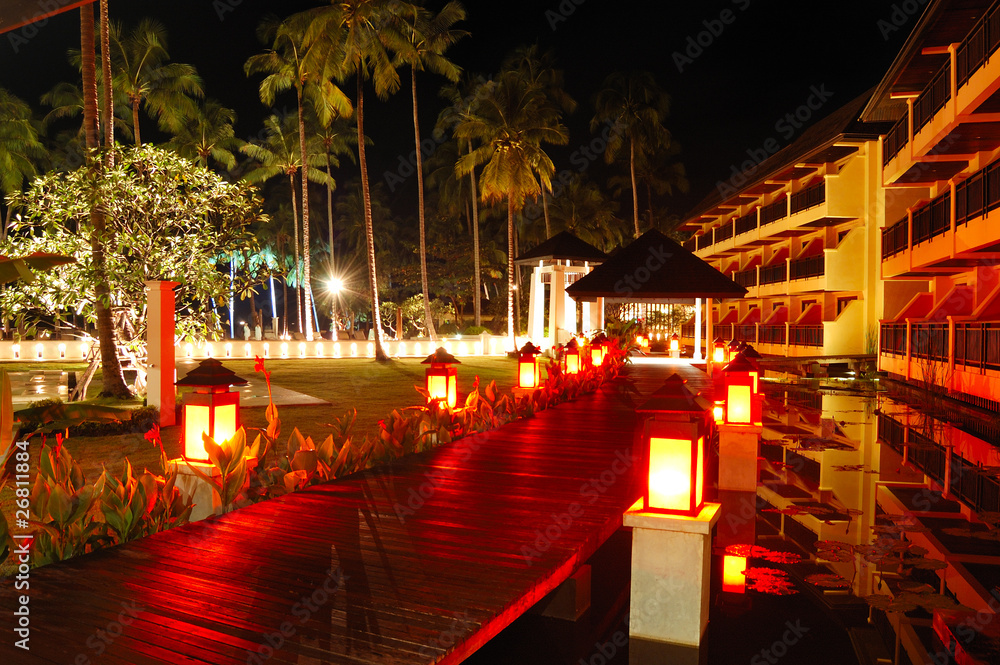 Illuminated relaxation area of luxury hotel, Koh Chang island, T