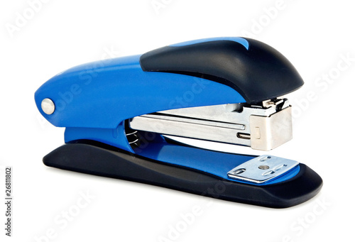 Blue office stapler isolated on white