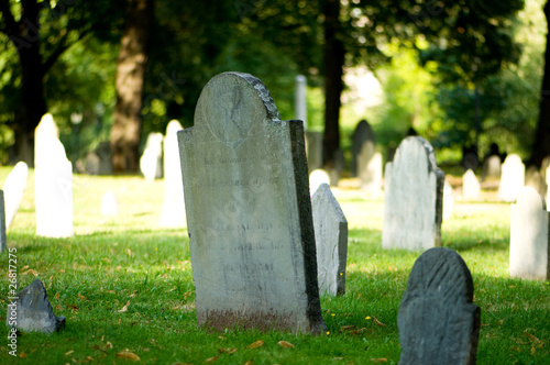 Cemetery with many tombstones on the bright day