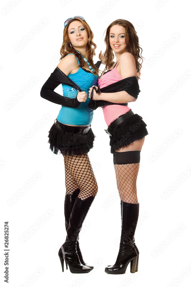Two cheerful lovely young women. Isolated