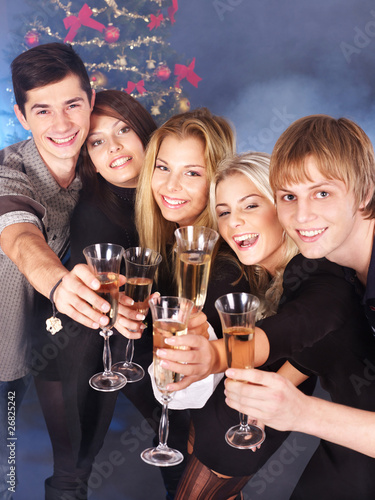 Group young people drinking champagne.
