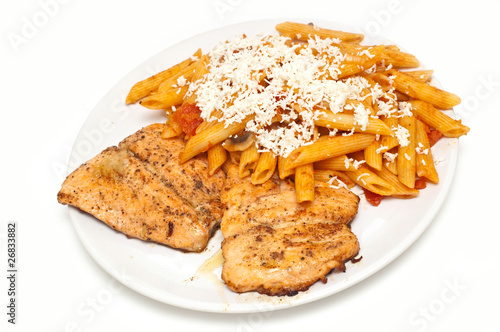 fried salmon with pasta topped with cheese