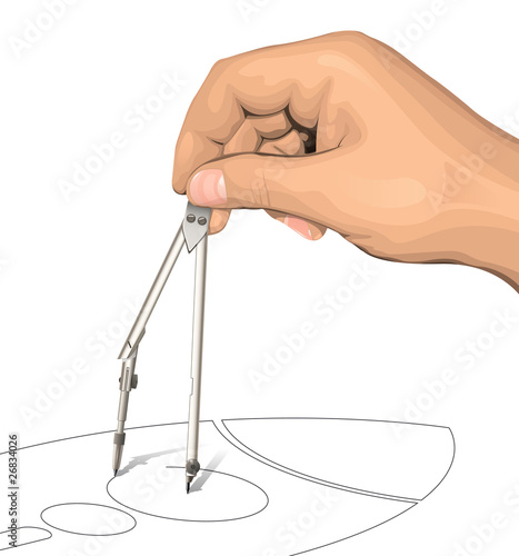 Drawing compass in hand creating rocket draft