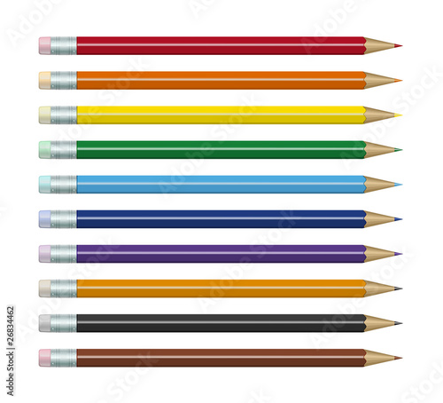 Colored pencils set with different colors of erasers