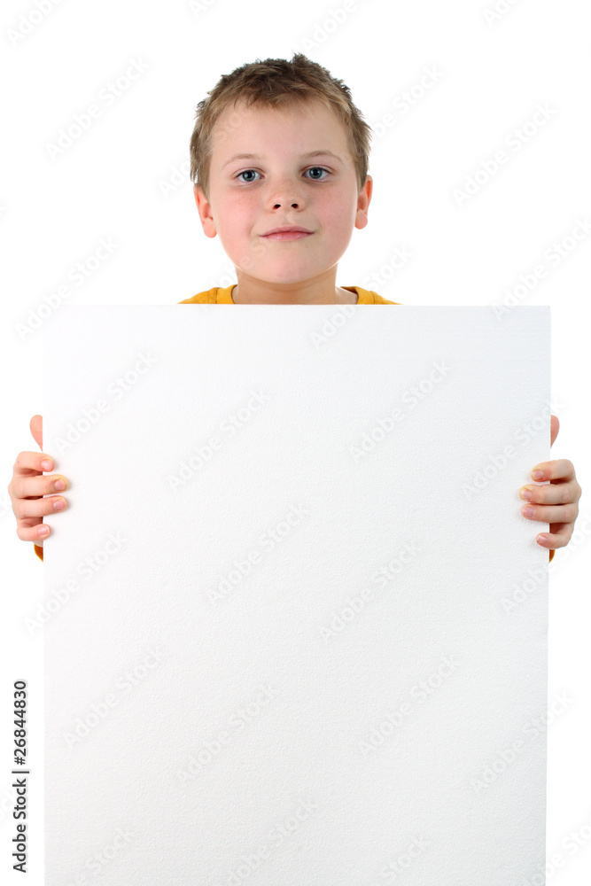 Small boy holds blank polystyrene billboard isolated on white Small boy holds blank polystyrene billboard isolated on white