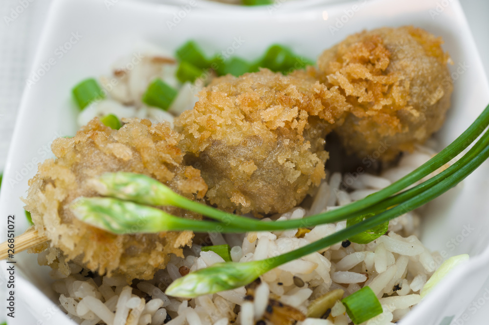 fried meatballs with rice in a white bowl fried meatballs with rice in a white bowl