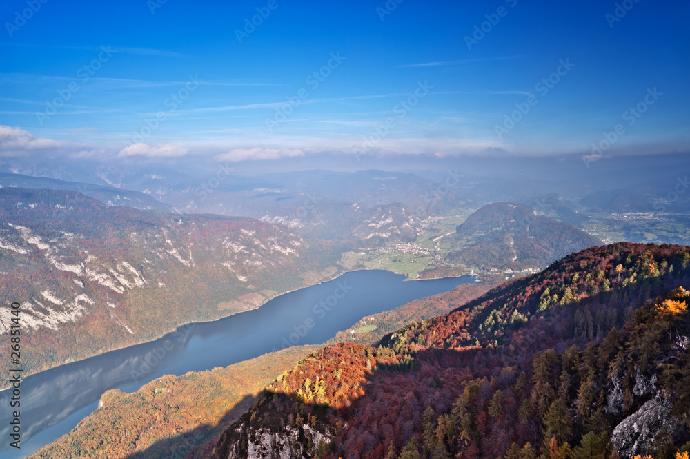 Bohinj lake in autumn. Aerial view. Popular touristic attraction