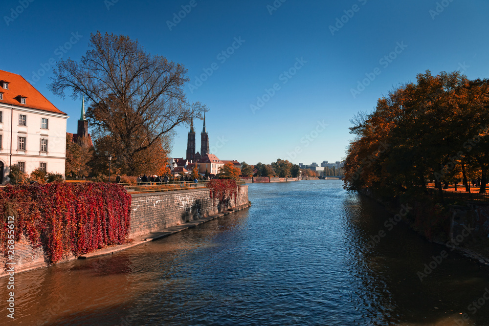 Wroclav, Katedra Cathedral seen from river Oder