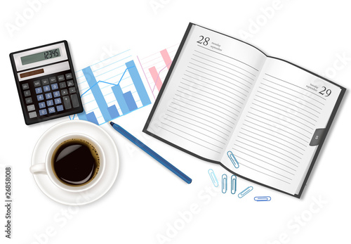 Dairy book, cup of coffee and office supplies. Vector.