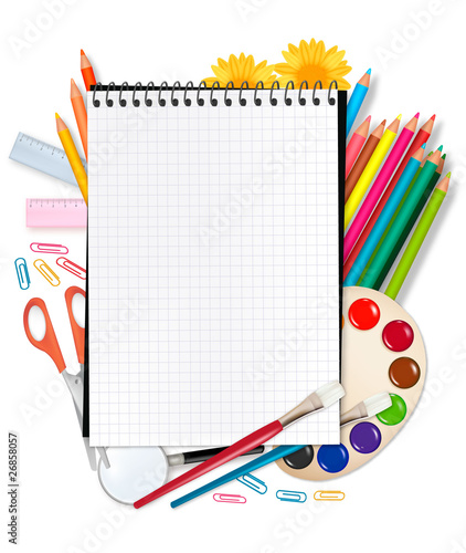 Back to school. Notepad with school supplies. Vector.