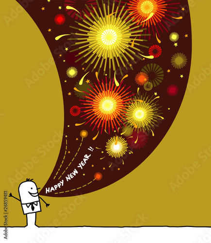 cartoon man saying Happy New Year with fireworks