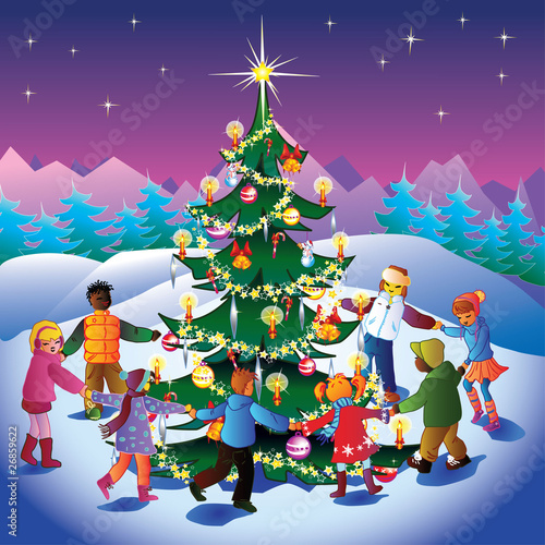 Children around christmas tree.