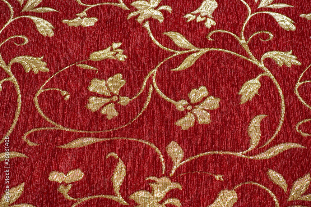 Red velvet fabric with golden flower motif Red velvet fabric with golden flower motif