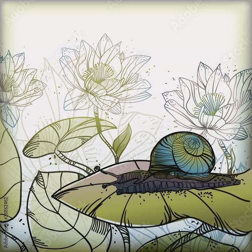 hand-drawn background with  a snail and waterlilies