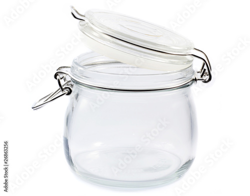 Glass jar on white background
