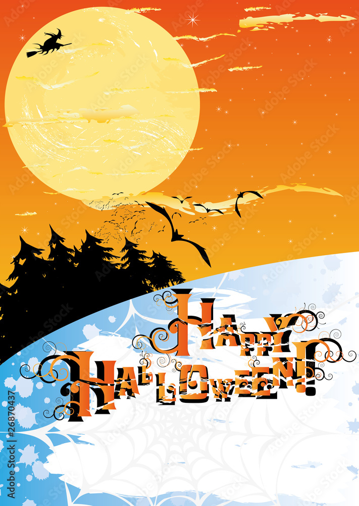 Halloween card with stars, moon, forest, witch and bats