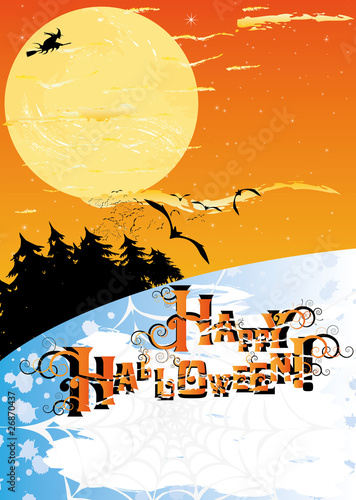 Obraz na płótnie Halloween card with stars, moon, forest, witch and bats w salonie