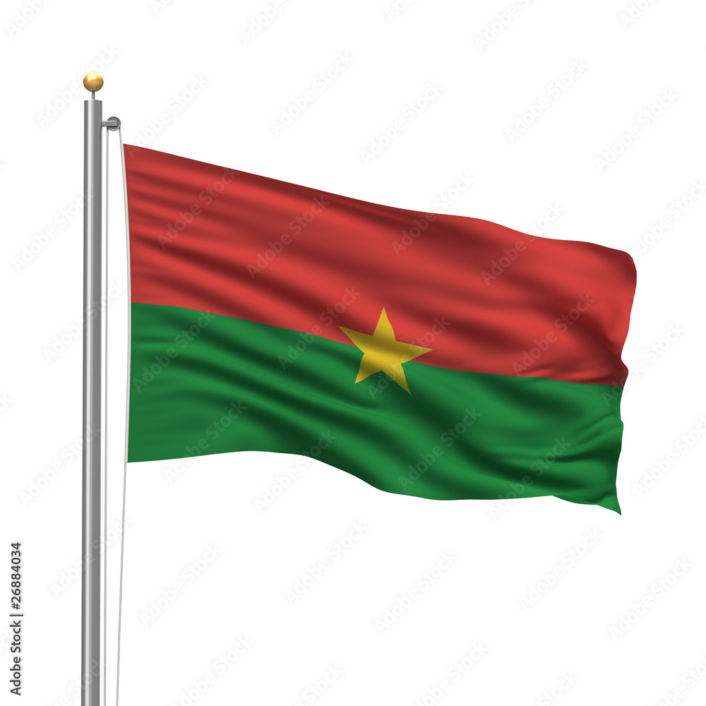 Flag of Burkina Faso waving in the wind over white background Flag of Burkina Faso waving in the wind over white background