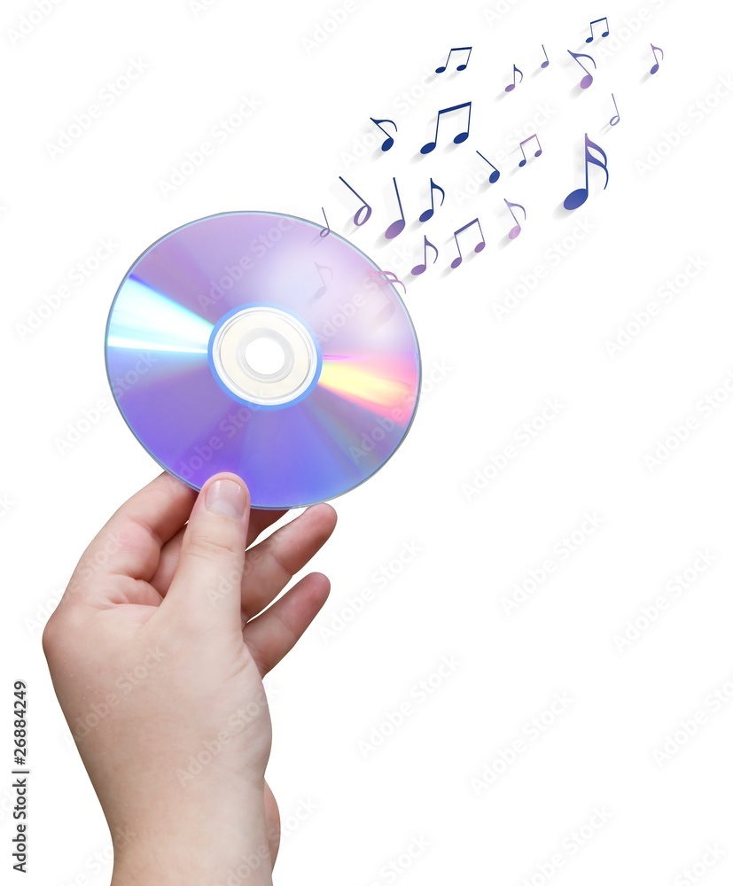 DVD/CD in hand with musical notes isolated. DVD/CD in hand with musical notes isolated.