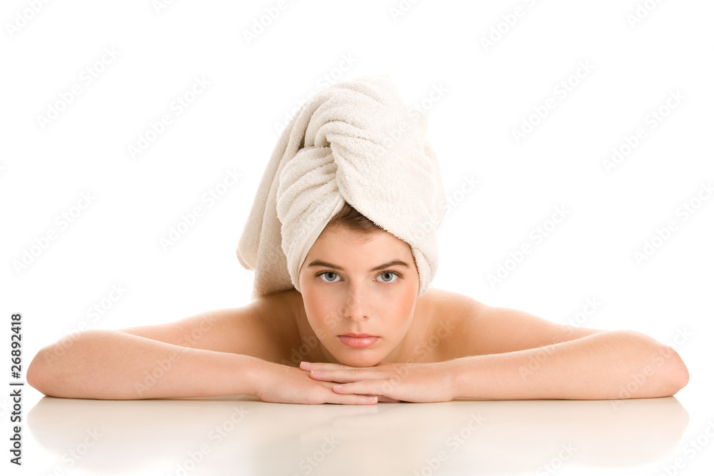 Woman with head wrapped towel Woman with head wrapped towel