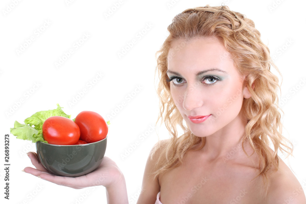 young woman with green salad an tomatoes young woman with green salad an tomatoes