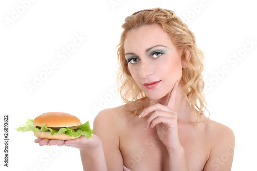 young beautiful woman with hamburger